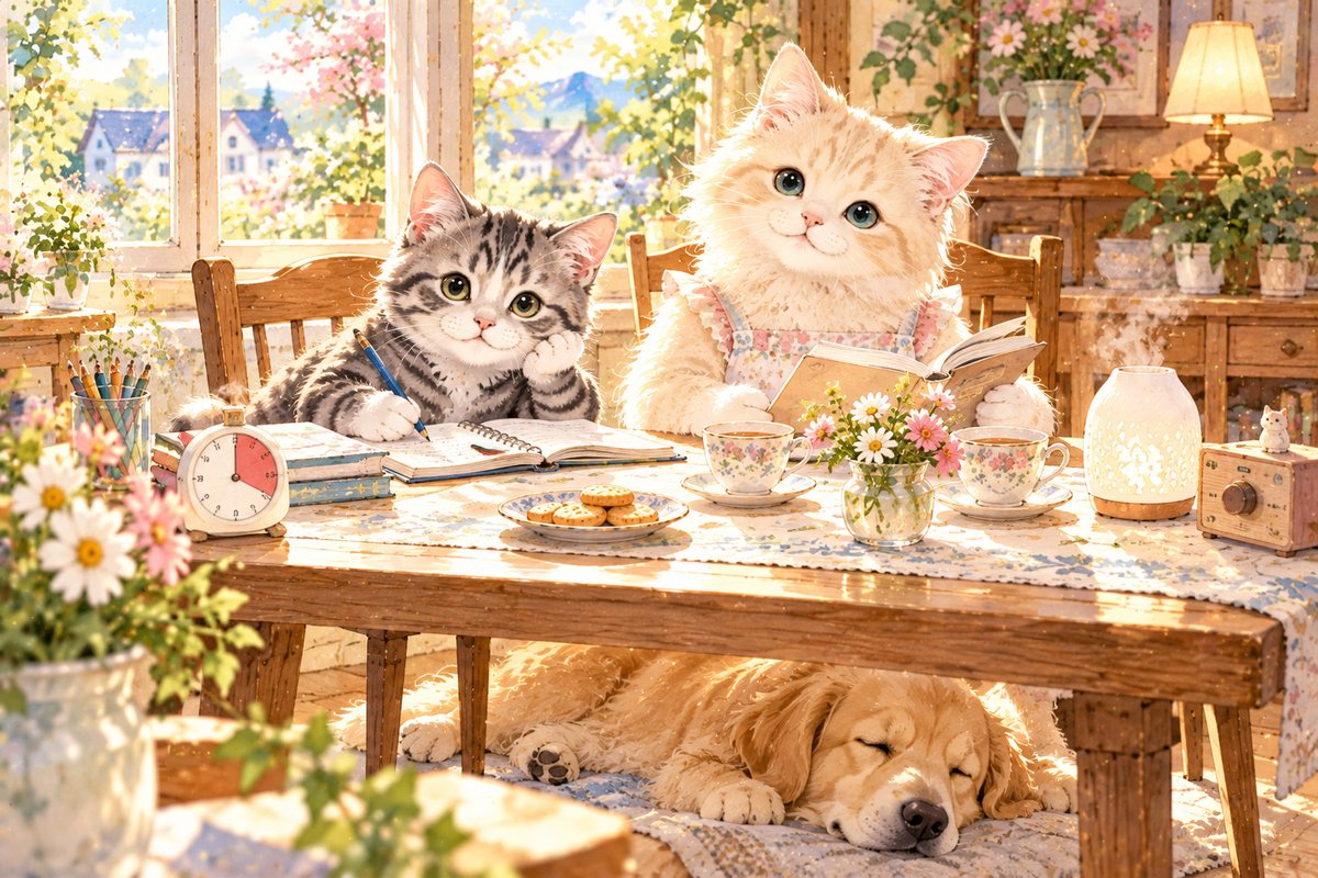 ダイニングテーブルで、お母さん猫のそばで勉強する子猫。お茶とおやつとタイマー、足もとで眠る犬